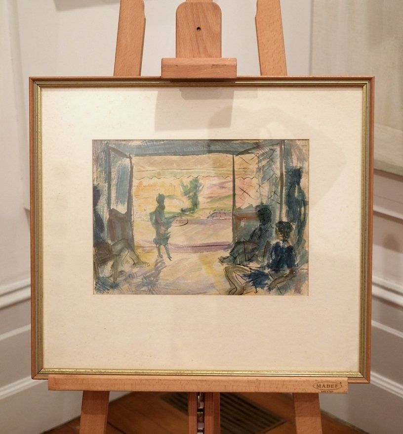 Café scene Ponte Leecia, Corsica 1949 Watercolour on paper 25 x 36 cm Collection of the James Wallace Arts Trust, Auckland