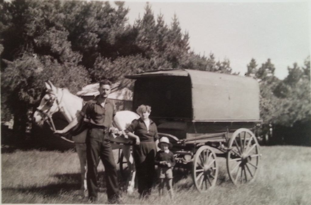 Douglas, Blanche and a young friend with Madam Horse, near Annat 1946.