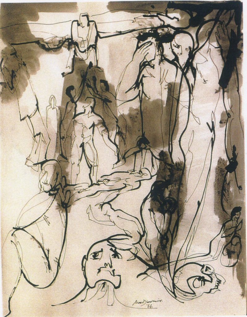 The self from day to day 1966 by Douglas MacDiarmid, ink drawing on paper, 64.5 x 50cm. University of Otago Hocken Library collection, Dunedin.