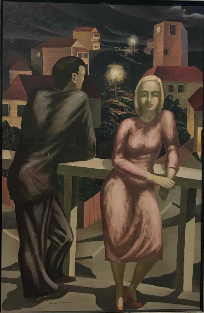 Figures at Night 1950 by Douglas MacDiarmid. Oil on aluminium paint on hardboard. Collection: Alexander Turnbull Library, Wellington, New Zealand
