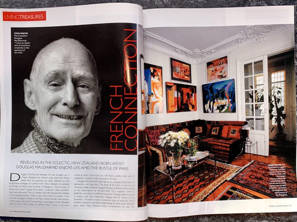 Headshot caption - Paris dweller Douglas MacDiarmid: “I have an idyllic sort of existence; creativity is the panacea of all evils.” Caption, Page 59, living room: The apartment’s salon features cushion covers which hail from Turkey and are made from traditional Uzbekistan hats. The art deco-style lamp was bought in Paris – artwork throughout the apartment is by Douglas.