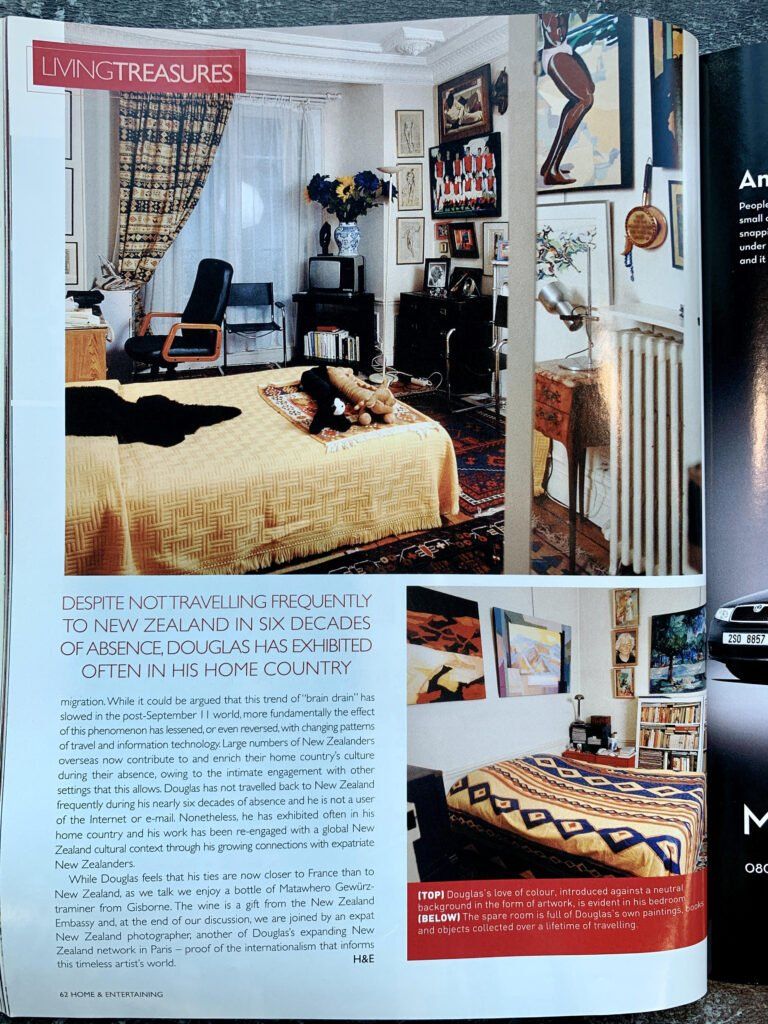 Page 62: (top) Douglas’s love of colour, introduced against a neutral background in the form of artwork, is evident in his bedroom. [Biographer’s note: This is in fact his partner Patrick’s bedroom, the walls lined with paintings from their life together] (Bottom): The spare room is full of Douglas’s own paintings, books and objects collected over a lifetime of travelling. [Biographer’s note: This is Douglas’ bedroom. The three small portraits on the right wall are of his parents Mary and Gordon MacDiarmid. Douglas may have left this world but these personal paintings remain there as always.]