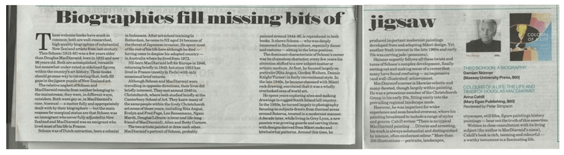 Peter Simpson's review of the biographies of Douglas MacDiarmid and Theo Schoon, published in the New Zealand Herald on Saturday 10 November, 2018.
