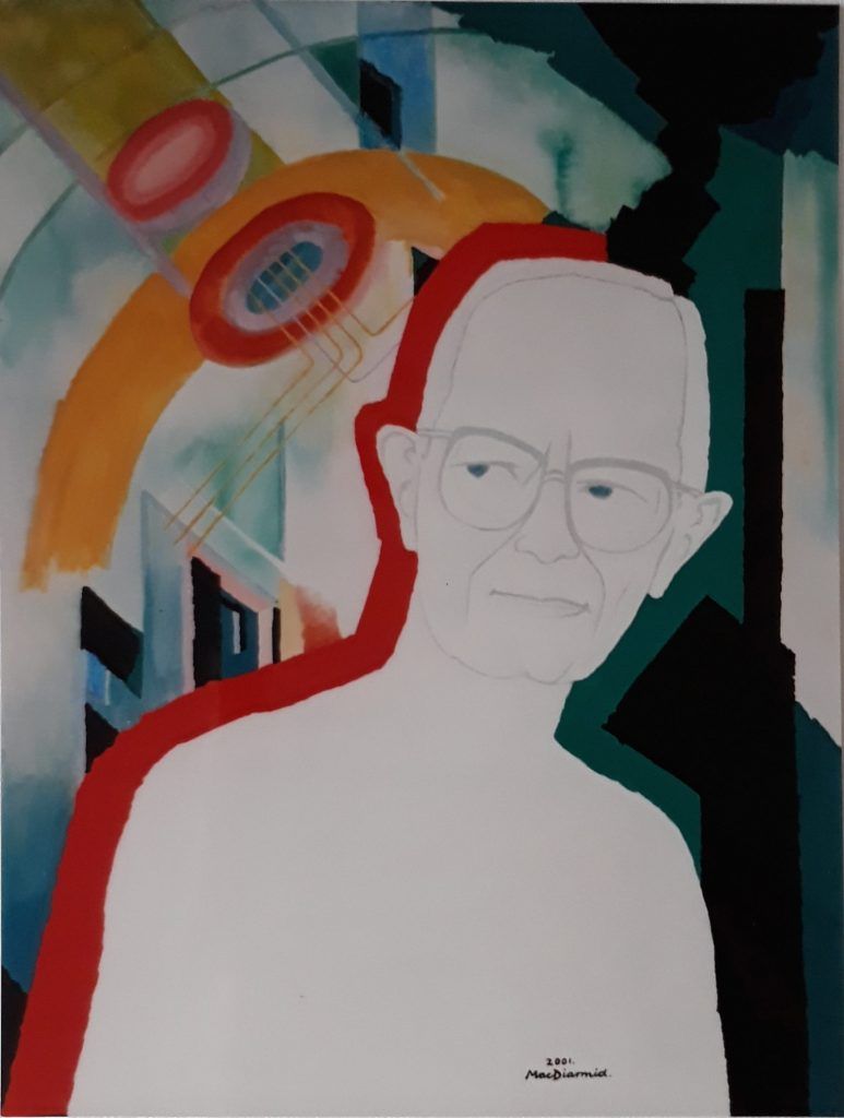 Portrait of Alan MacDiarmid (2001) by Douglas MacDiarmid. Acrylic on handmade paper, 75 x 57cm. Collection of New Zealand Portrait Gallery, Wellington.