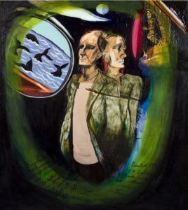 Douglas MacDiarmid, painter, Paris (1991) by Jacqueline Fahey. Mixed media on board, 120 x 81 cm. Collection of New Zealand Portrait Gallery, Wellington.