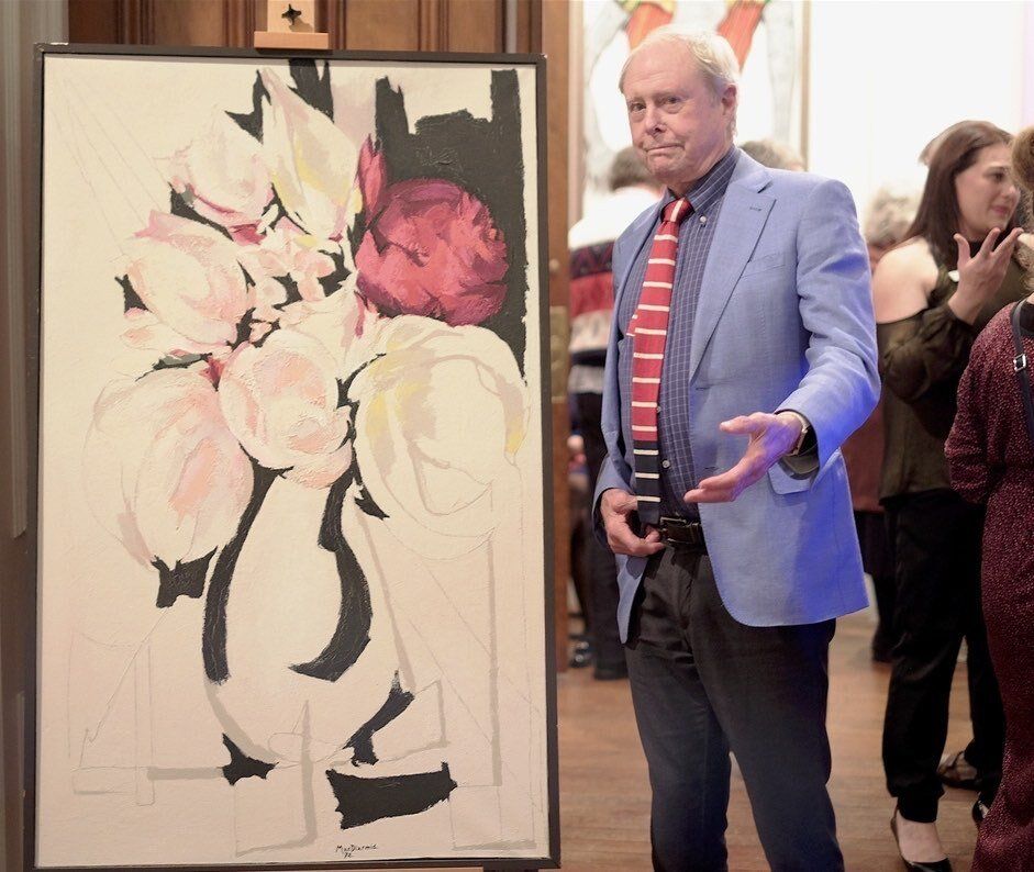 Sir James Wallace at the launch of Colours of a Life - the life and times of Douglas MacDiarmid, with one of his artworks by the artist Still Life 1972.
