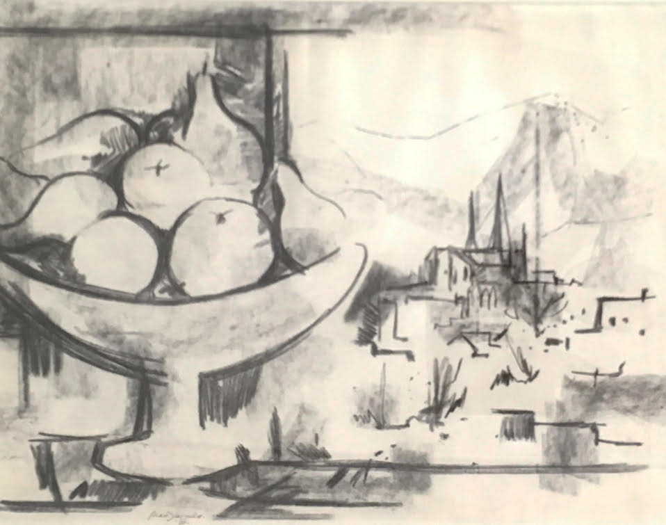 Still life with village landscape c1963