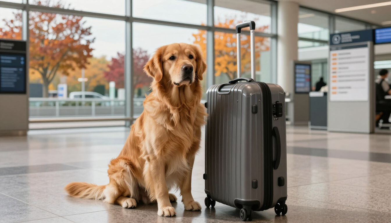 A dog prepared for international travel during the autumn season.