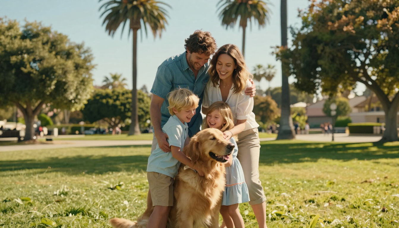 A happy family reunited with their dog