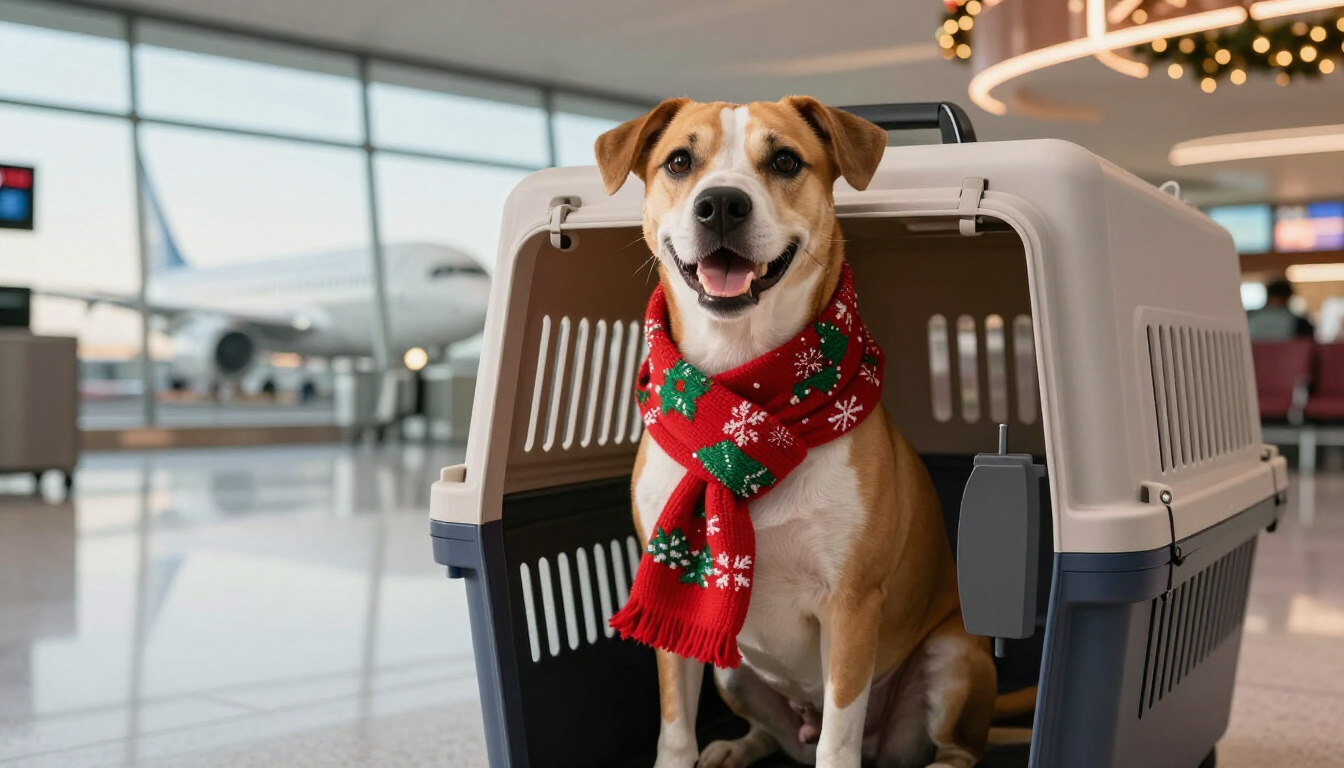 A dog waiting at the airport for a holiday flight to the United States.