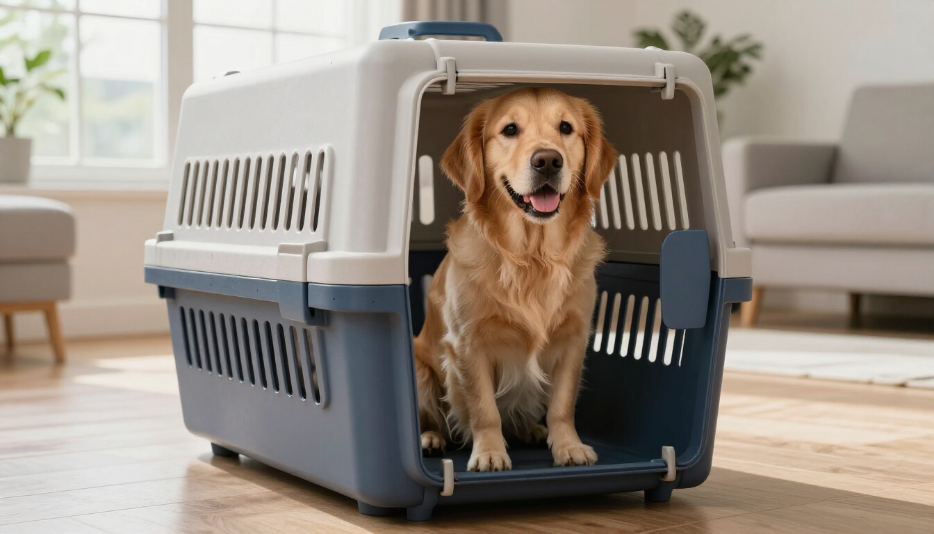A dog sitting comfortably in an airline approved travel crate.