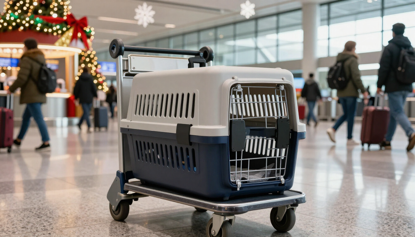 A dog crate ready for flight at an airport
