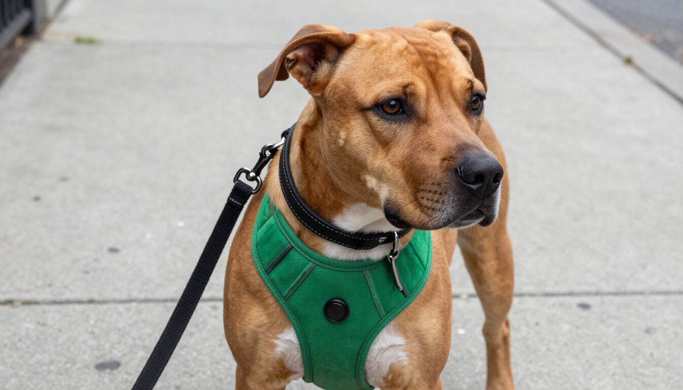 A dog wearing a secure harness and collar being walked carefully