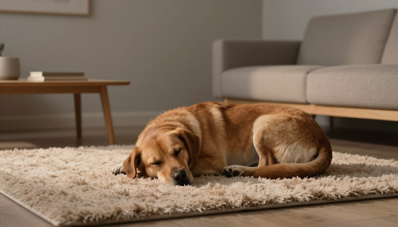 A peaceful rescue dog resting on a soft rug in a quiet room
