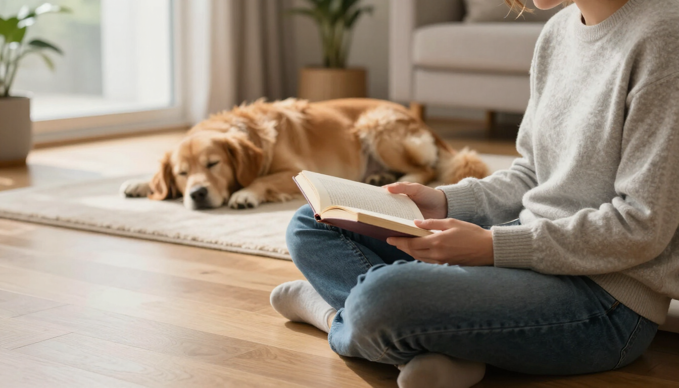 A person sitting on the floor reading a book near a resting dog