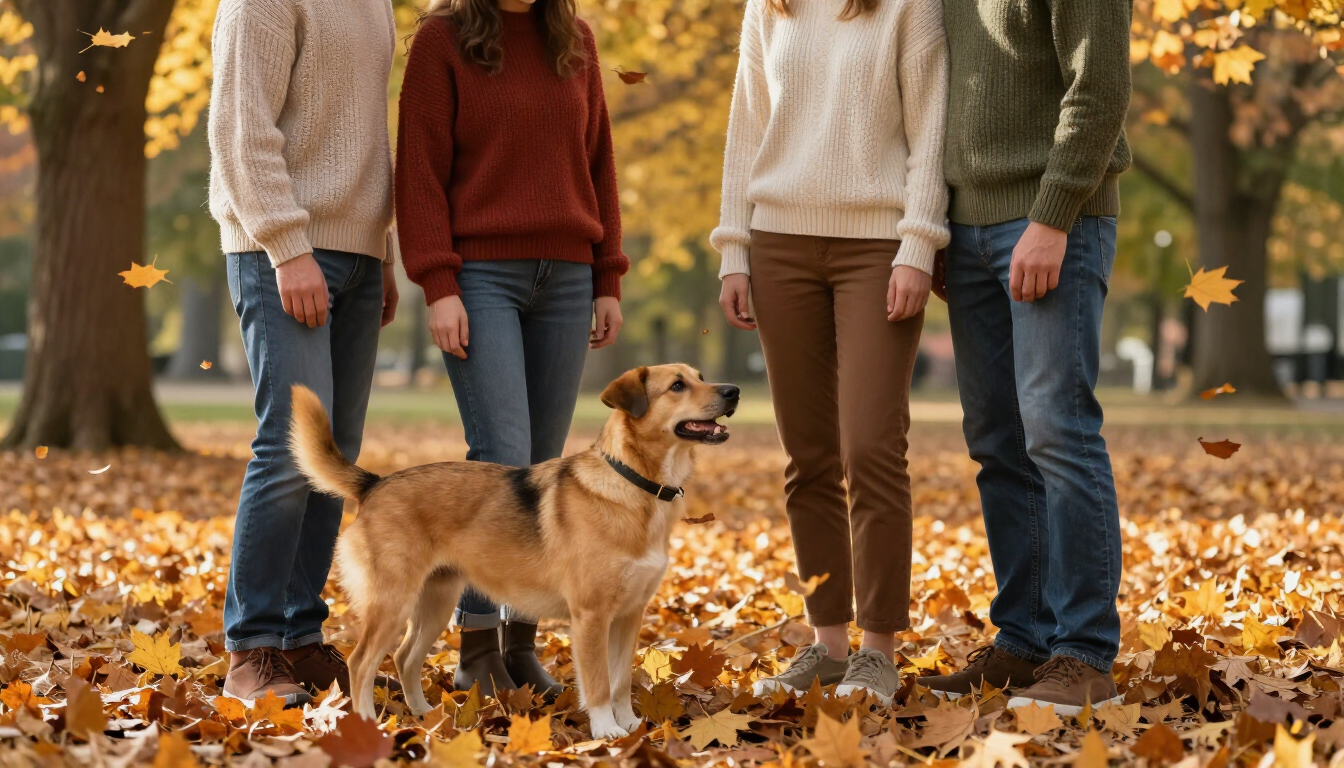 Rescue dog meeting a family in autumn