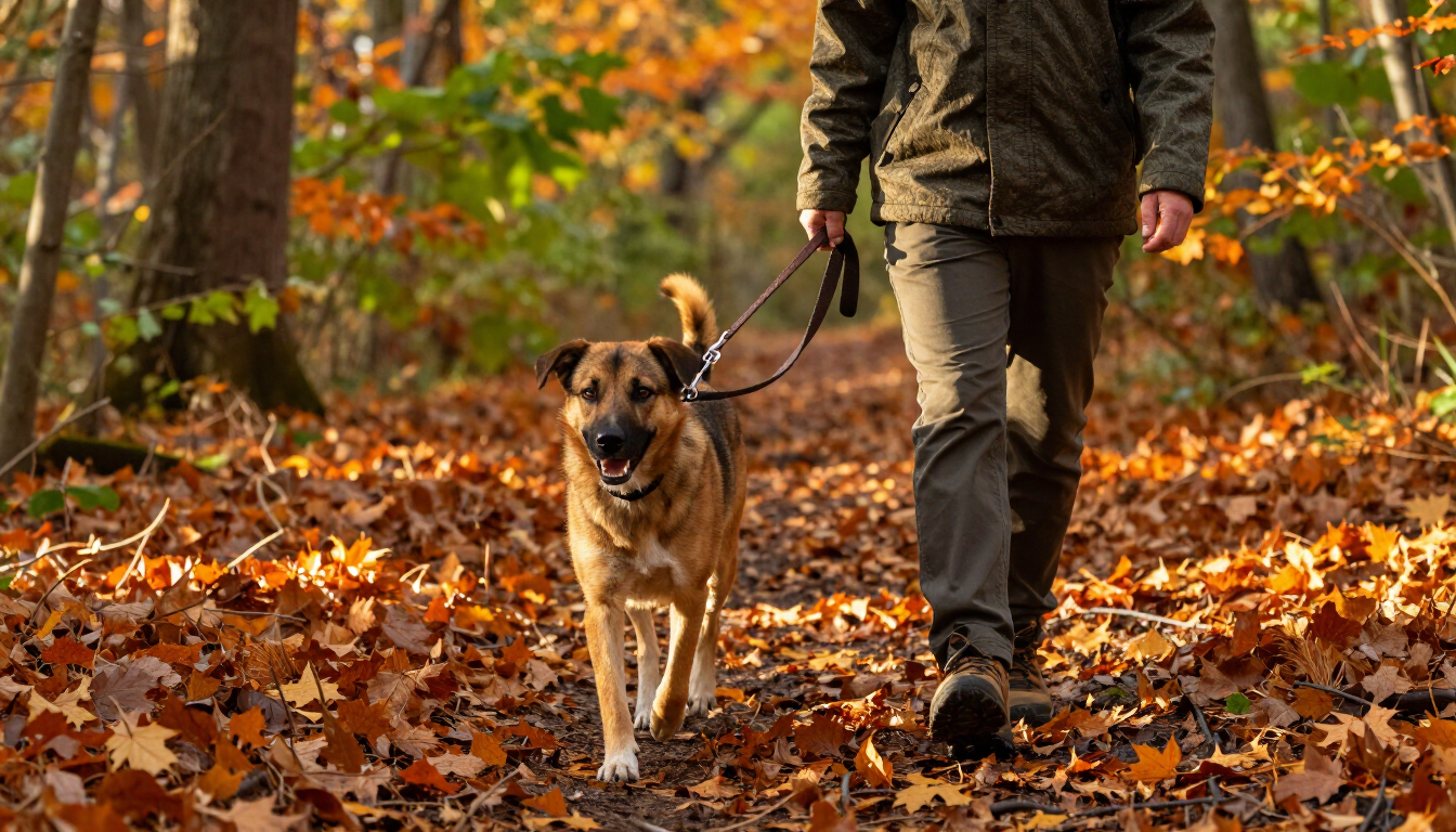 Rescue dog enjoying a fall walk with its adopter