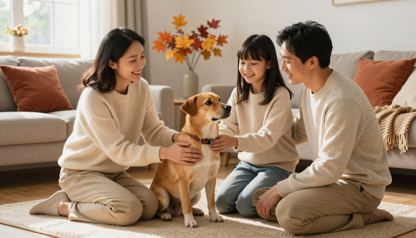 Family welcoming a rescue dog at home
