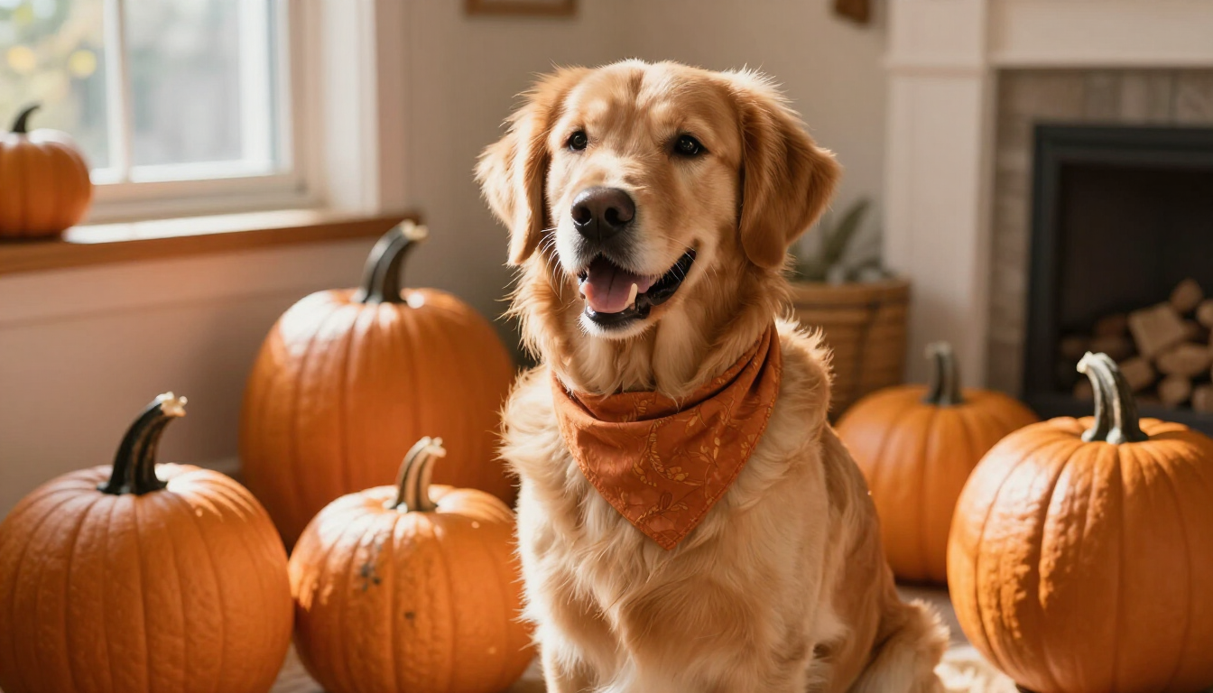 Halloween safety tips for dogs: calm dog beside pumpkins