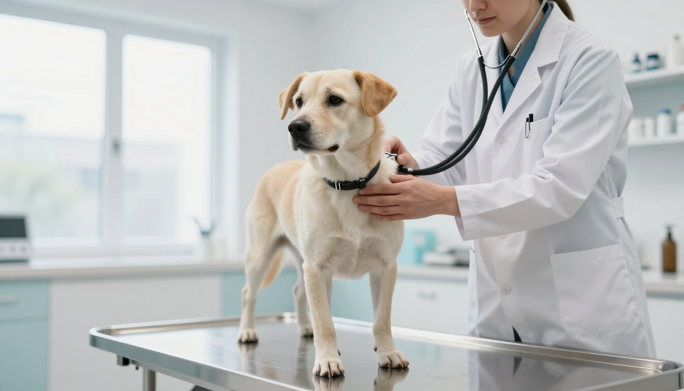 Rescue dog meeting a veterinarian calmly