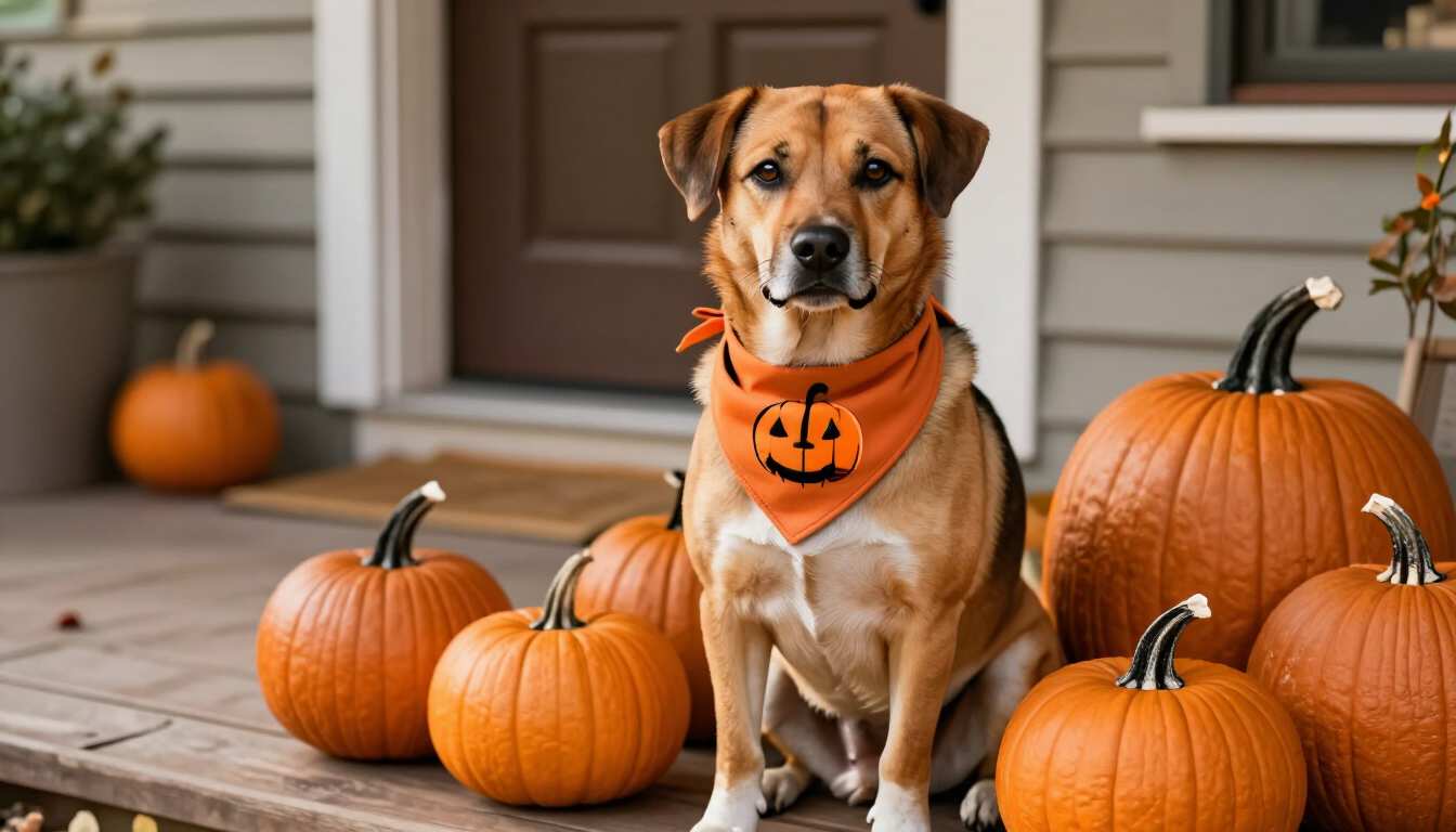 Photorealistic dog in a simple pumpkin-colored bandana beside pumpkins