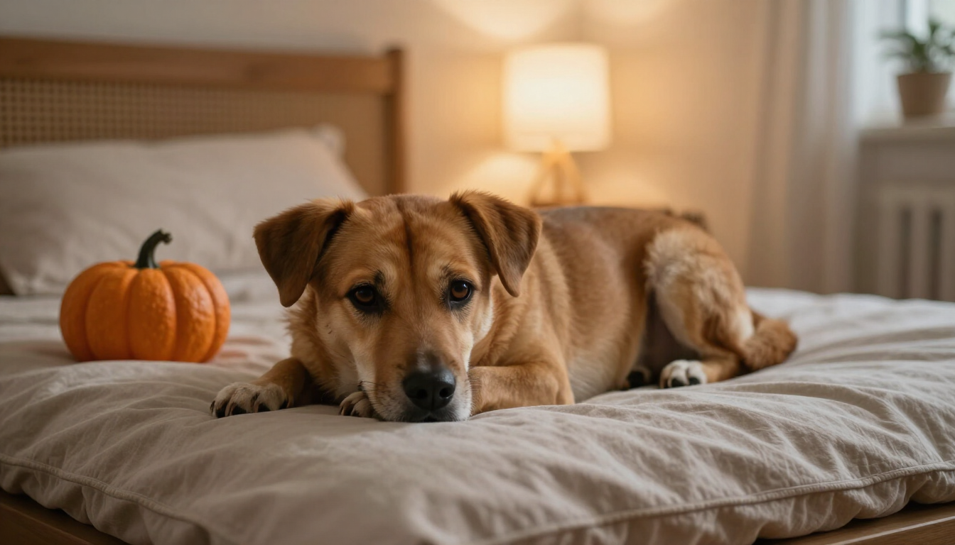 Photorealistic rescue dog resting peacefully in a cozy quiet room with a pumpkin decoration