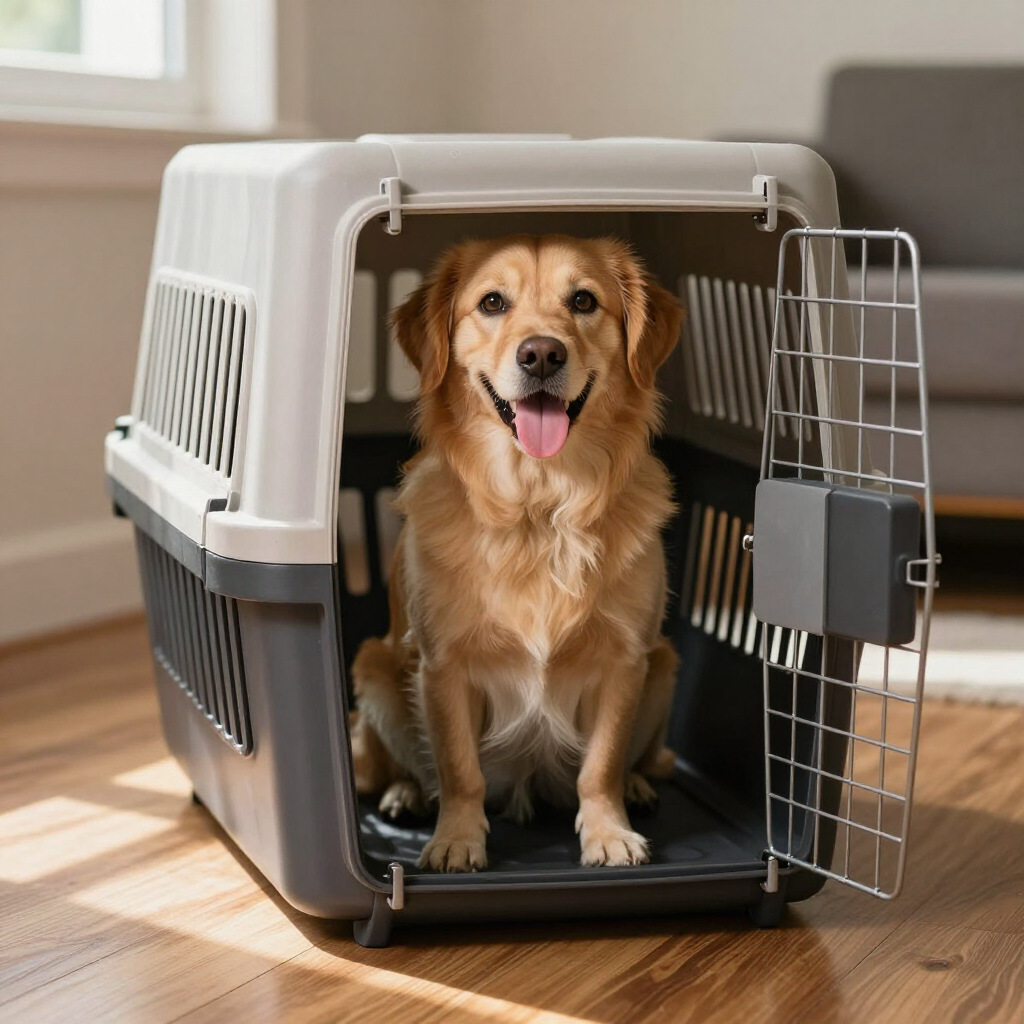 Preparing a dog travel crate for a flight