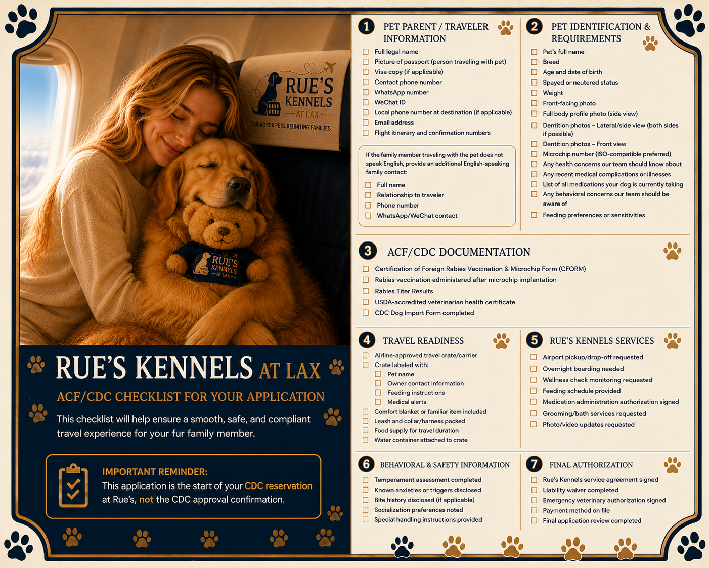 Golden retriever puppy ad for Rue's Kennels, with a smiling woman and cream-and-navy event details layout