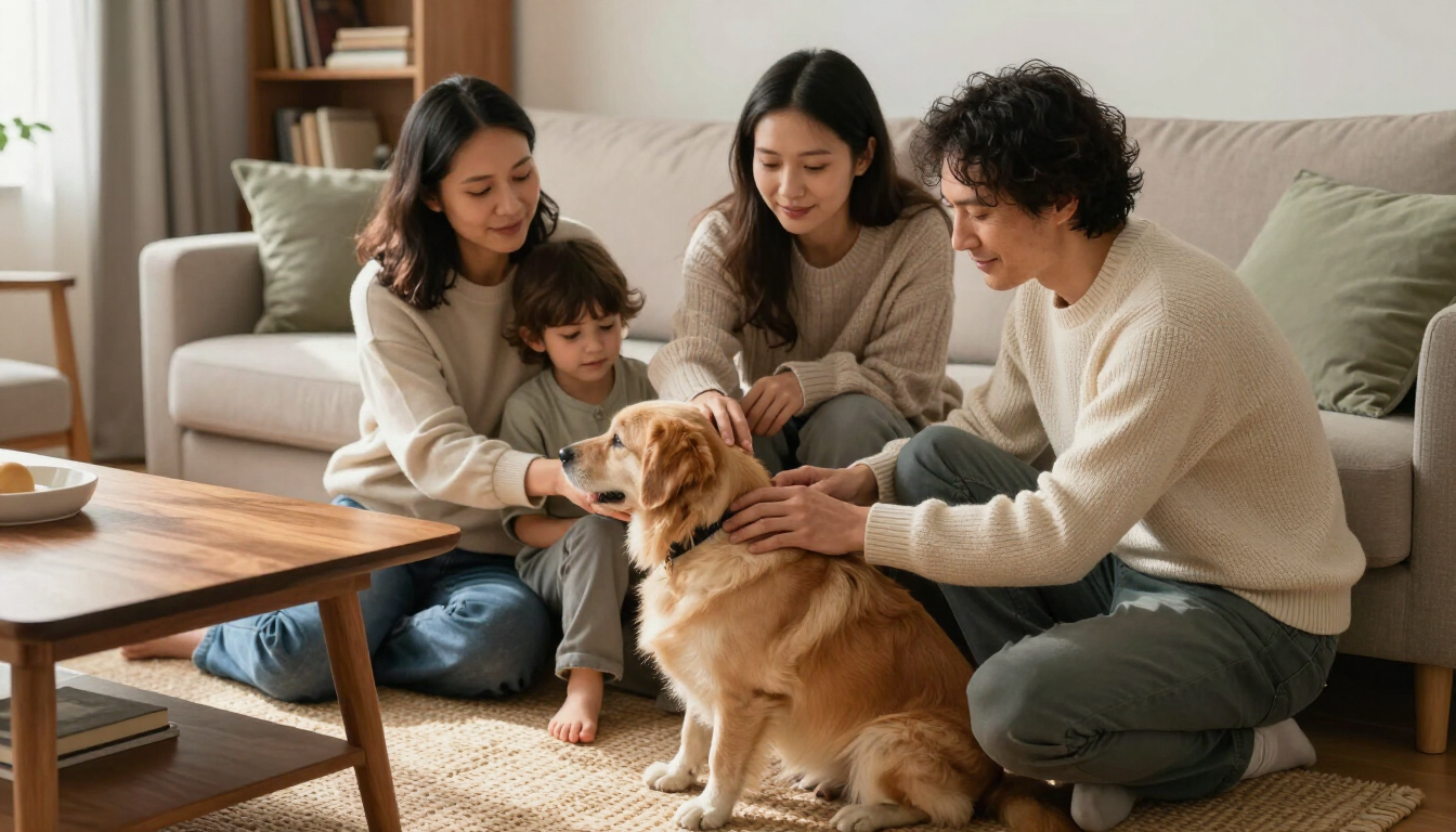 Rescue dog settling beside a new family