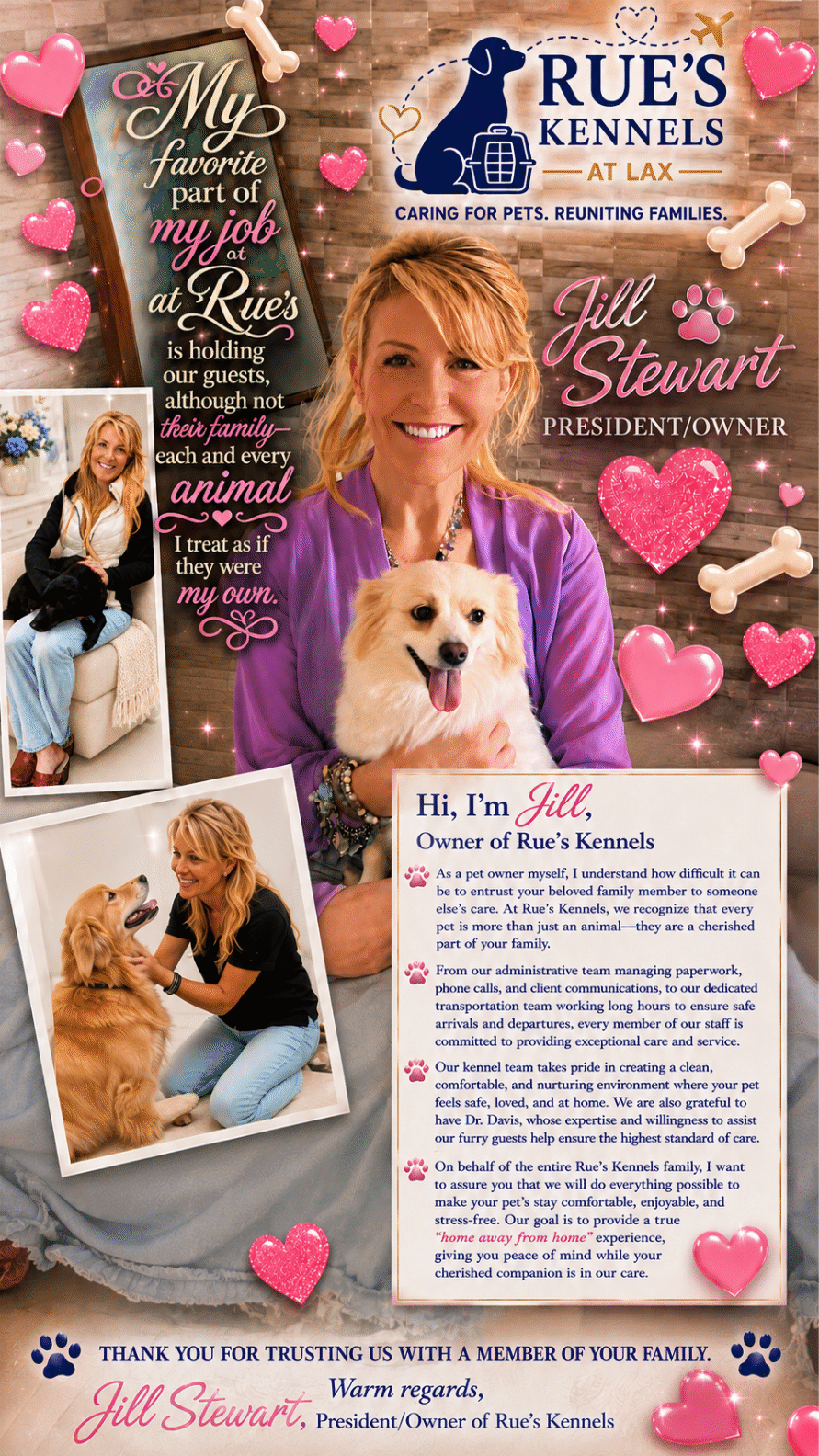 Pink memorial-style collage with a smiling woman, small dog, hearts, flowers, and text blocks about a benefit.