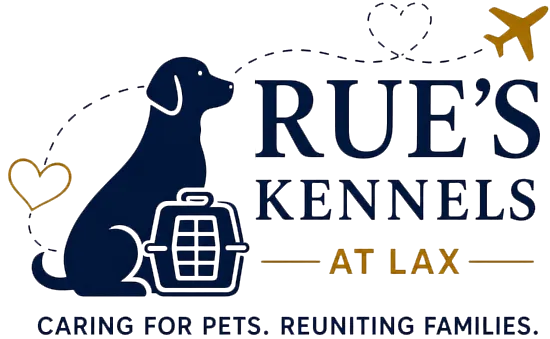 Rue's Kennels logo with a navy dog, kennel icon, gold airplane, and the text "Caring for pets. Reuniting families."