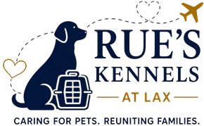 Rue's Kennels logo with a navy dog, kennel icon, gold airplane, and the text "Caring for pets. Reuniting families."