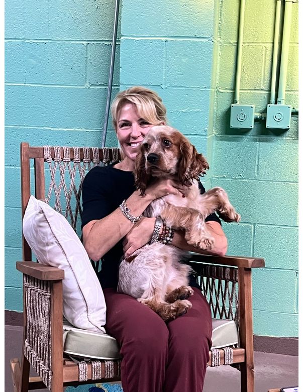Woman holding a brown-and-white dog while seated in a wicker chair against a turquoise wall