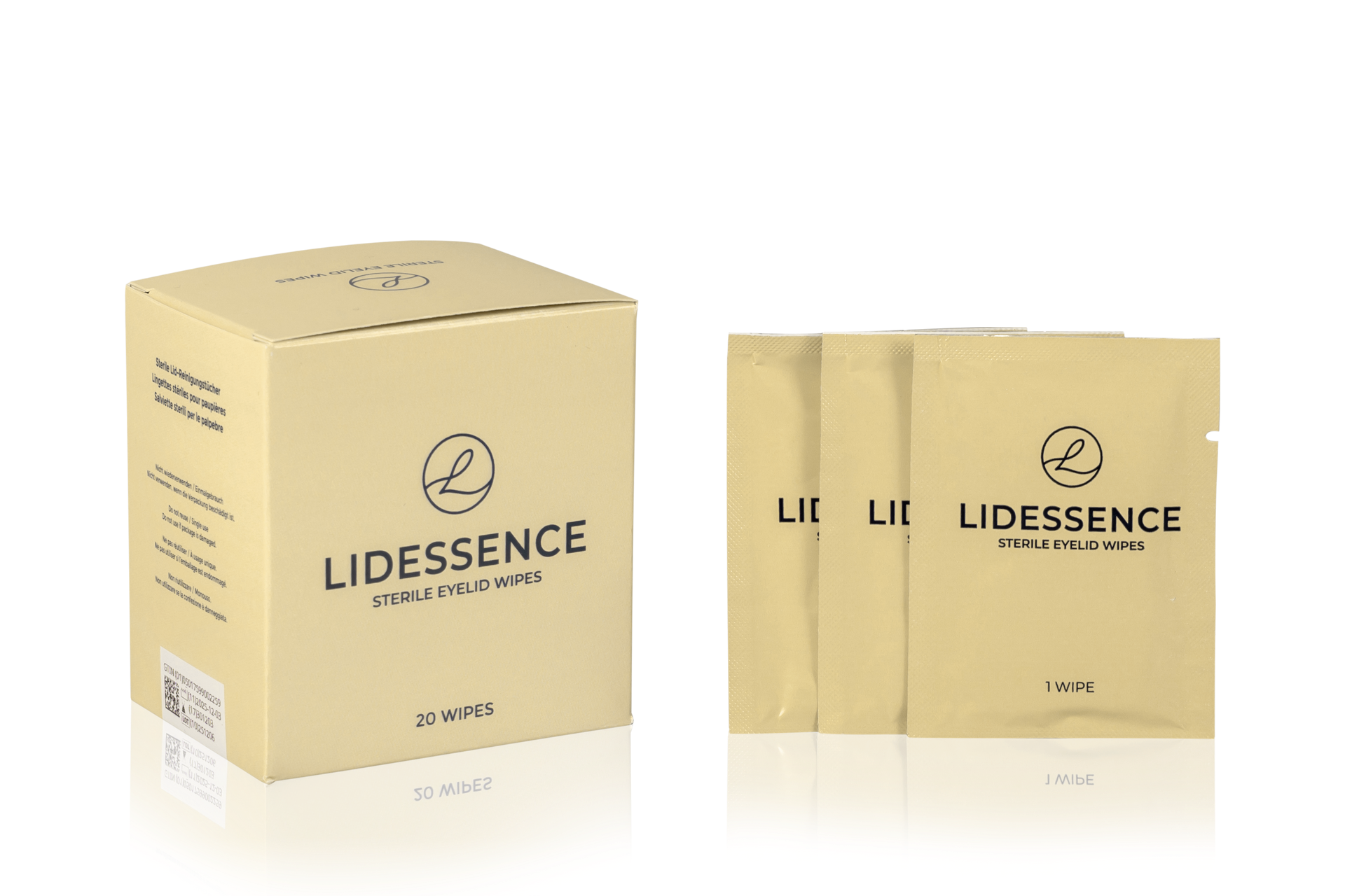 Beigefarbene Verpackung von Lidessence-Hautpflegeprodukten und drei dazu passende Sachets auf weissem Hintergrund