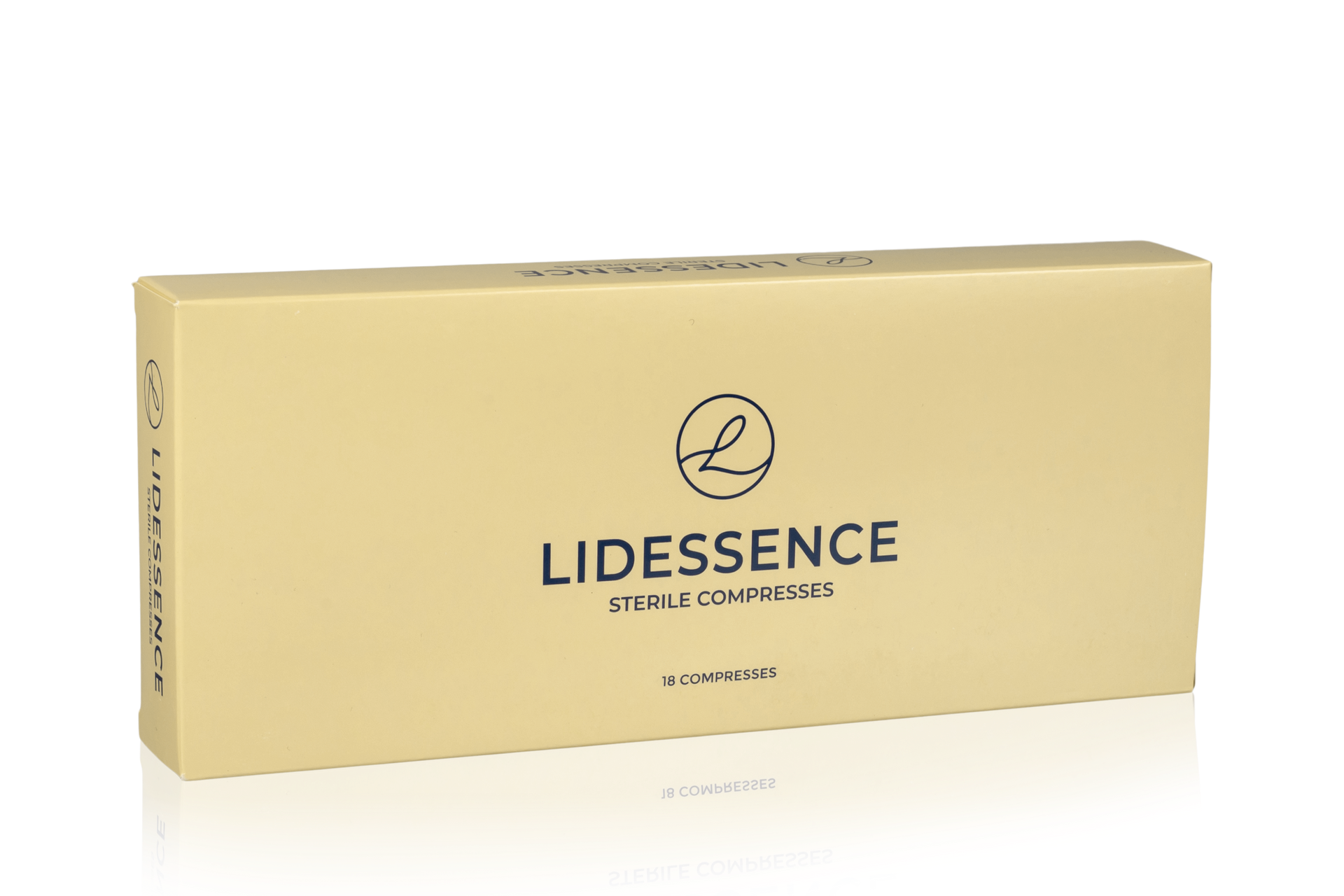 Beige Lidessence-Hautpflegeproduktverpackung mit schwarzem Logo und Text auf weissem Hintergrund