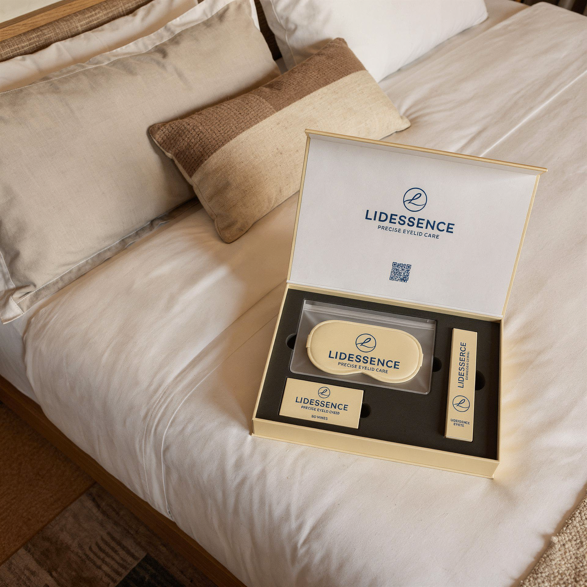 Eine luxuriöse Geschenkbox auf einem Bett, mit beigem Deckel und passenden Artikeln im Inneren.