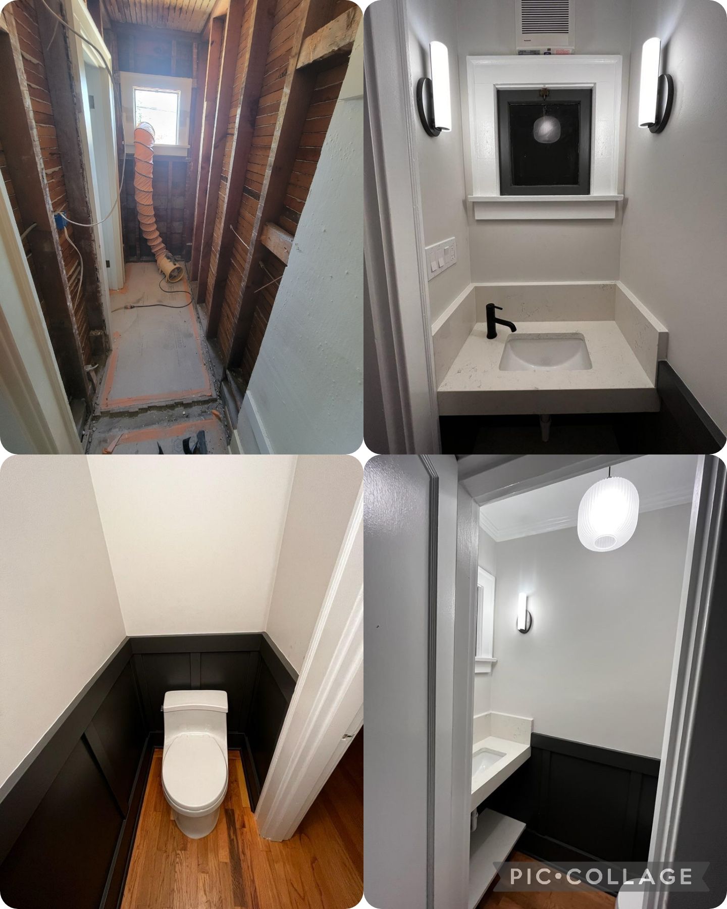Four-panel collage showing a bathroom renovation from exposed wood studs to a finished room with dark wainscoting.