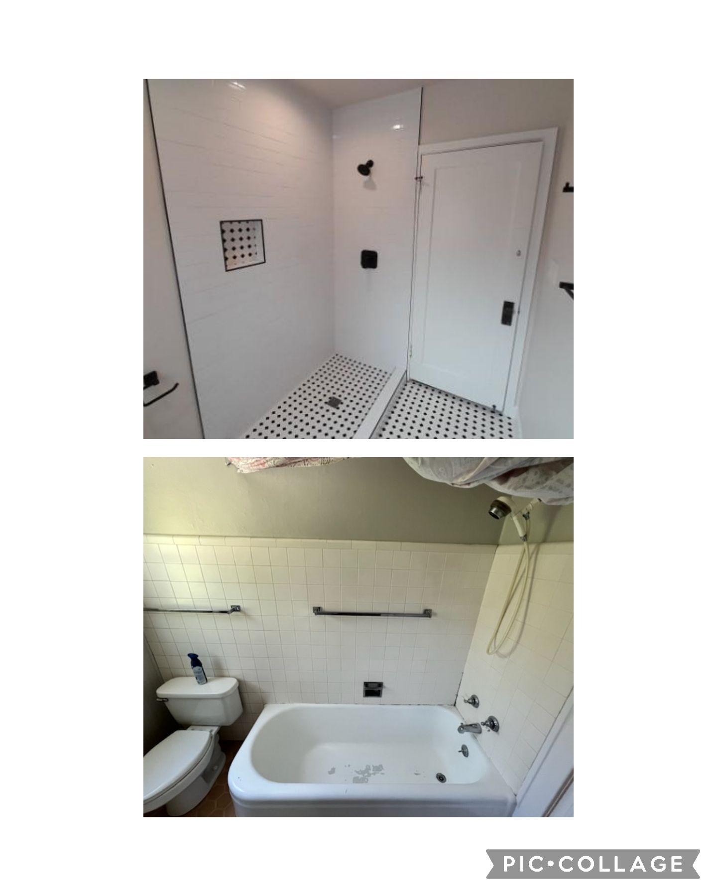 Before-and-after photos of a bathroom renovation featuring a new walk-in shower and an updated bathtub area.