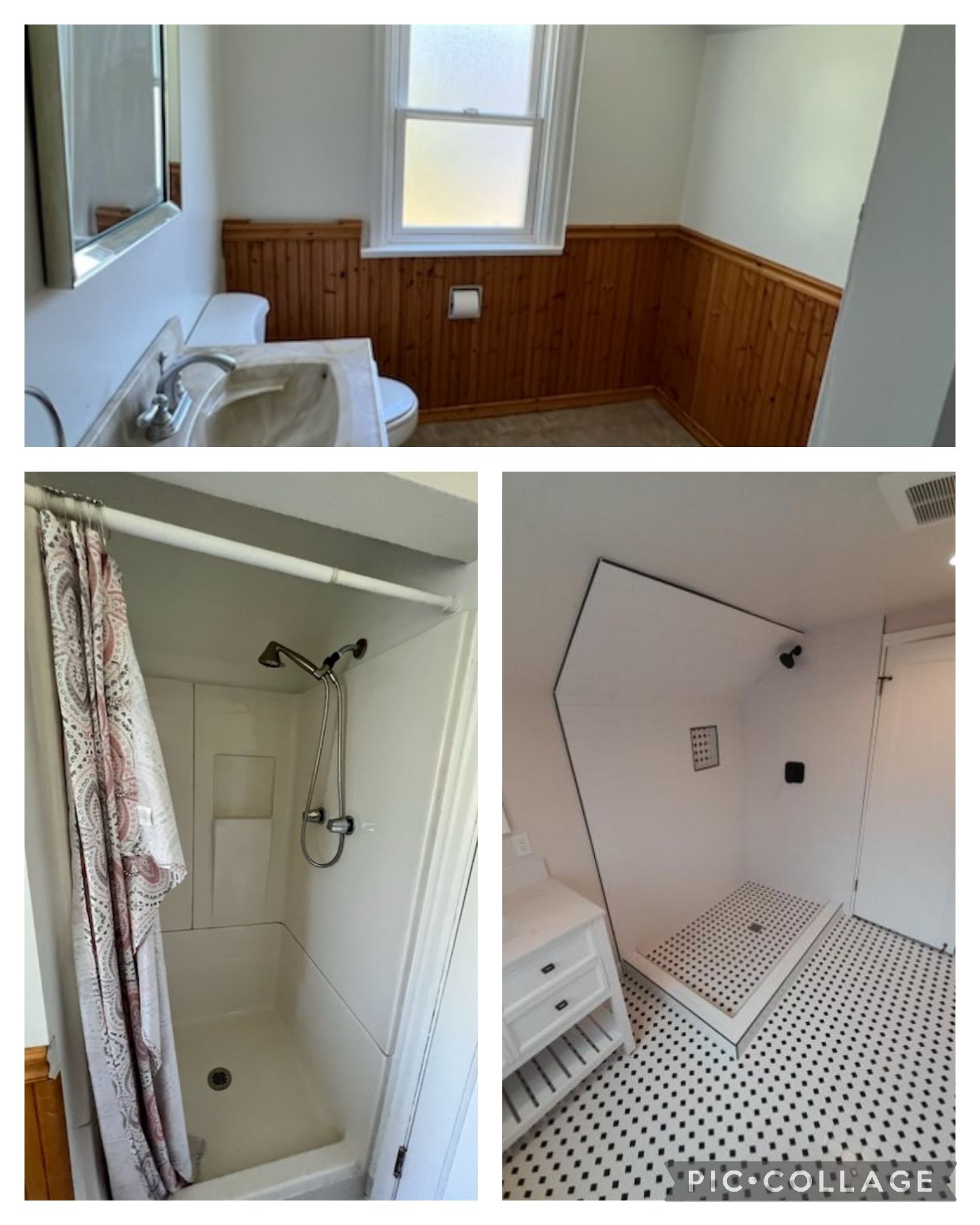 A collage shows bathroom renovations: top with wood paneling, bottom left with a shower stall, and bottom right renovated.