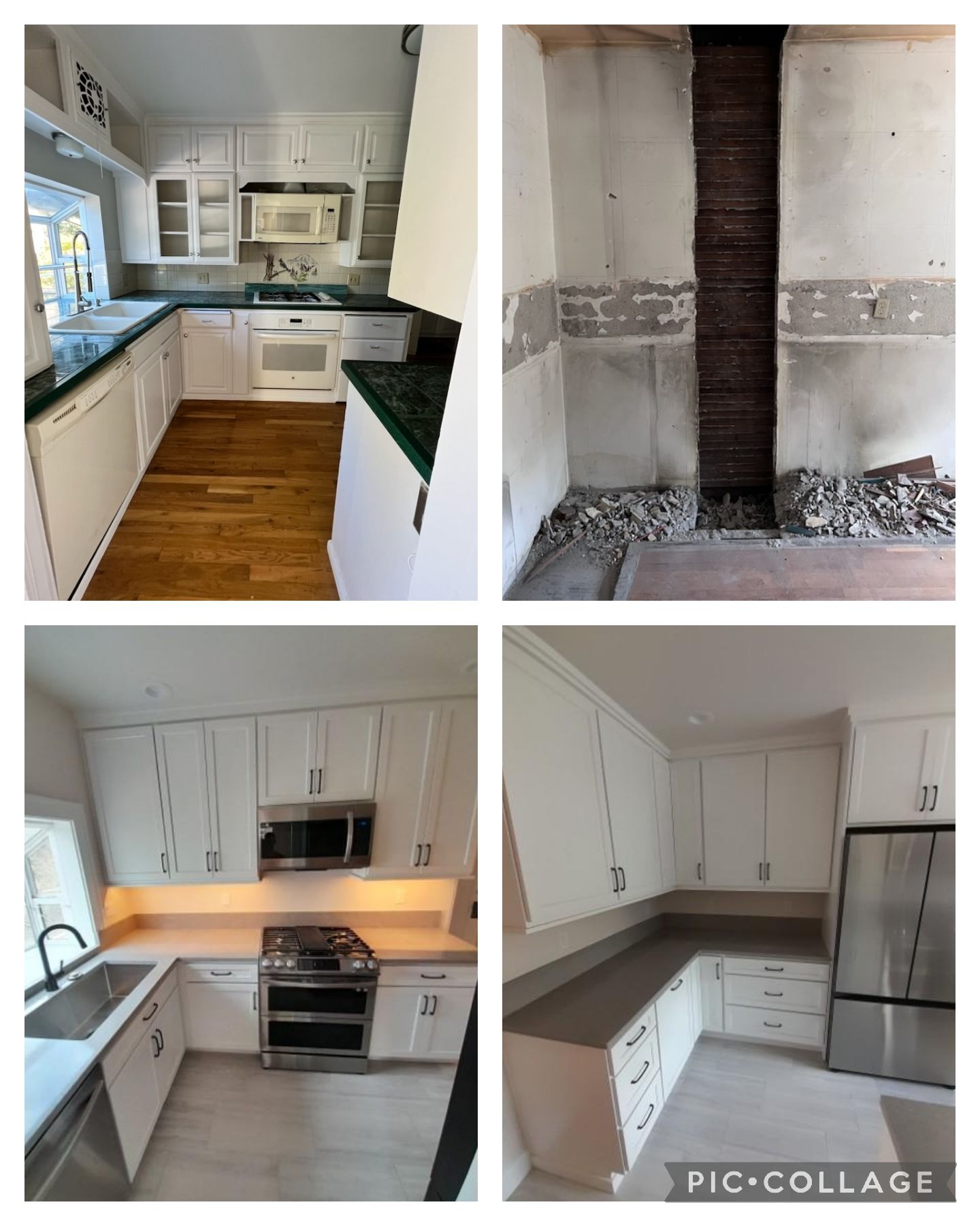 A four-panel collage showing a kitchen renovation: before, during demolition, and after with updated cabinets and appliances.