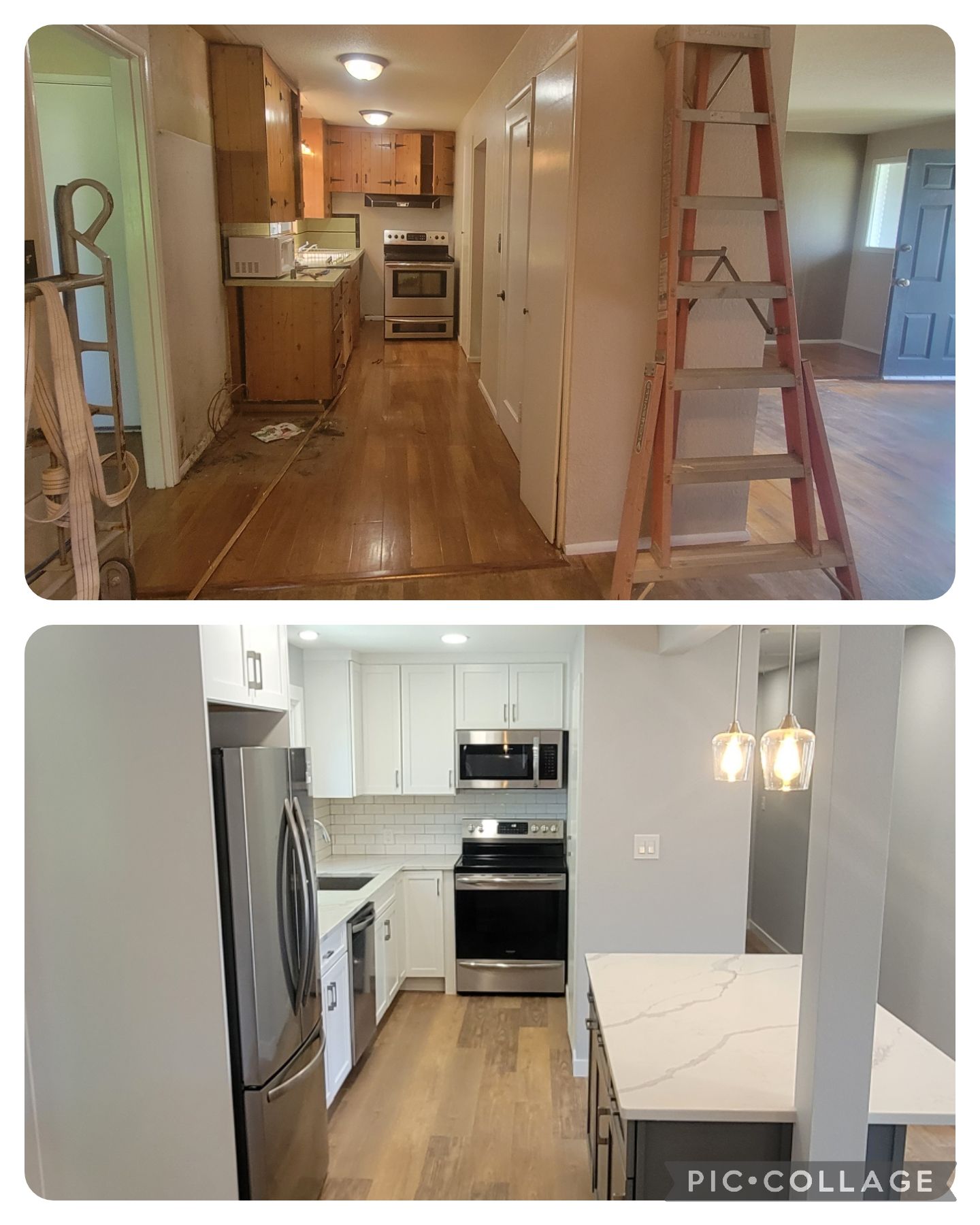 Before and after photos of a home kitchen renovation showing the transition from wood cabinets to modern white ones.