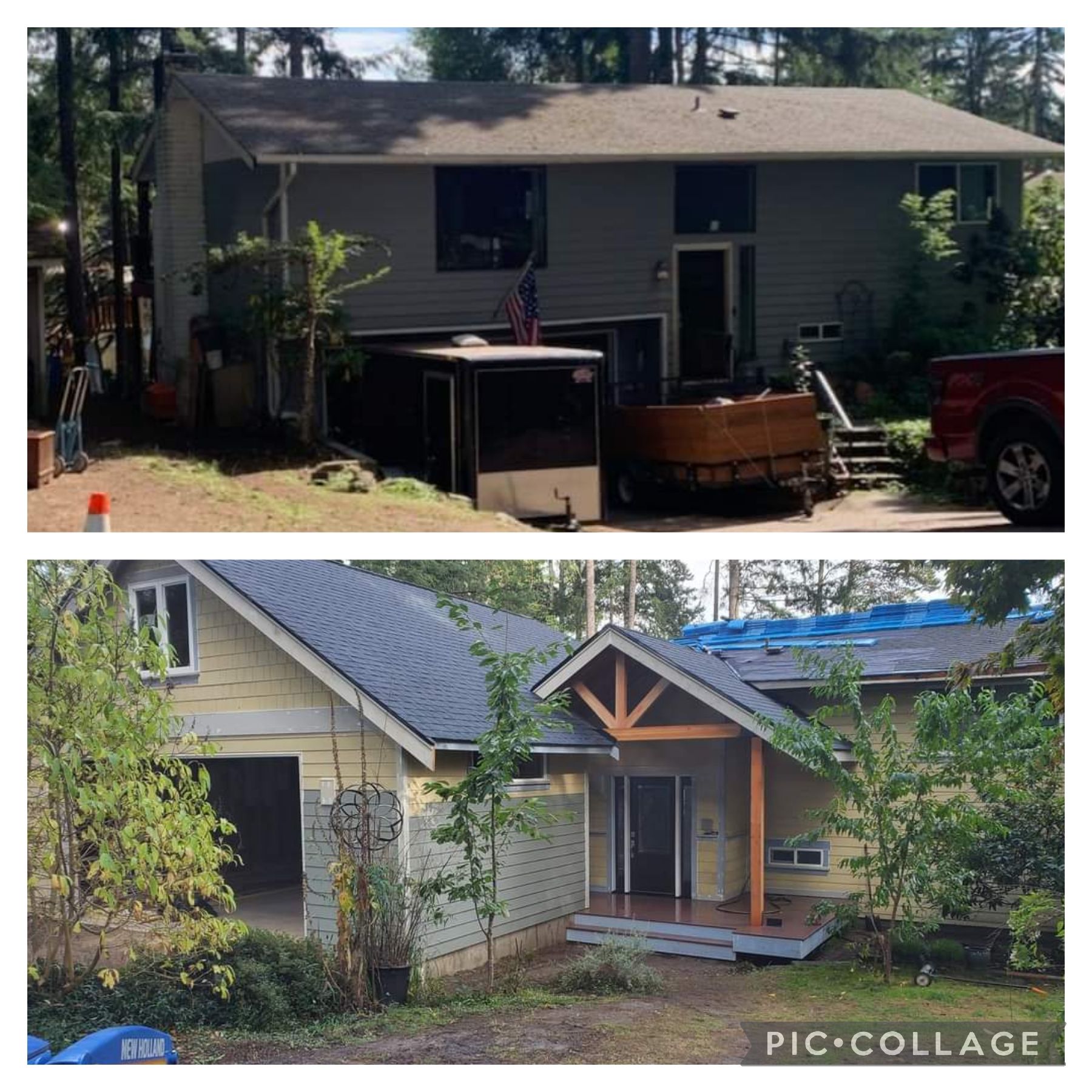 Before and after photos of a residential home renovation, showing a modern exterior remodel with a new front entryway.