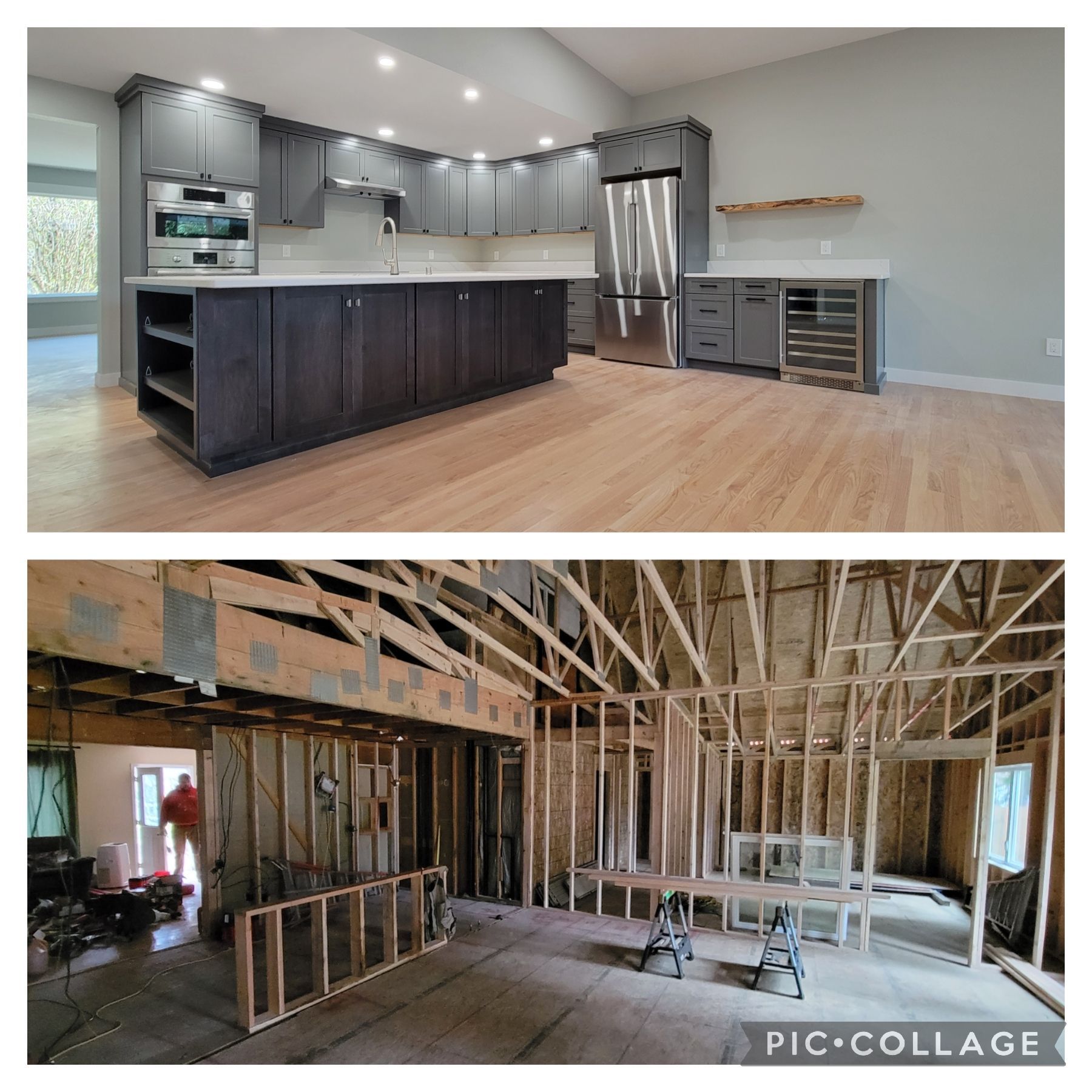 Before and after of a kitchen renovation showing the framing construction phase above the completed dark wood kitchen.