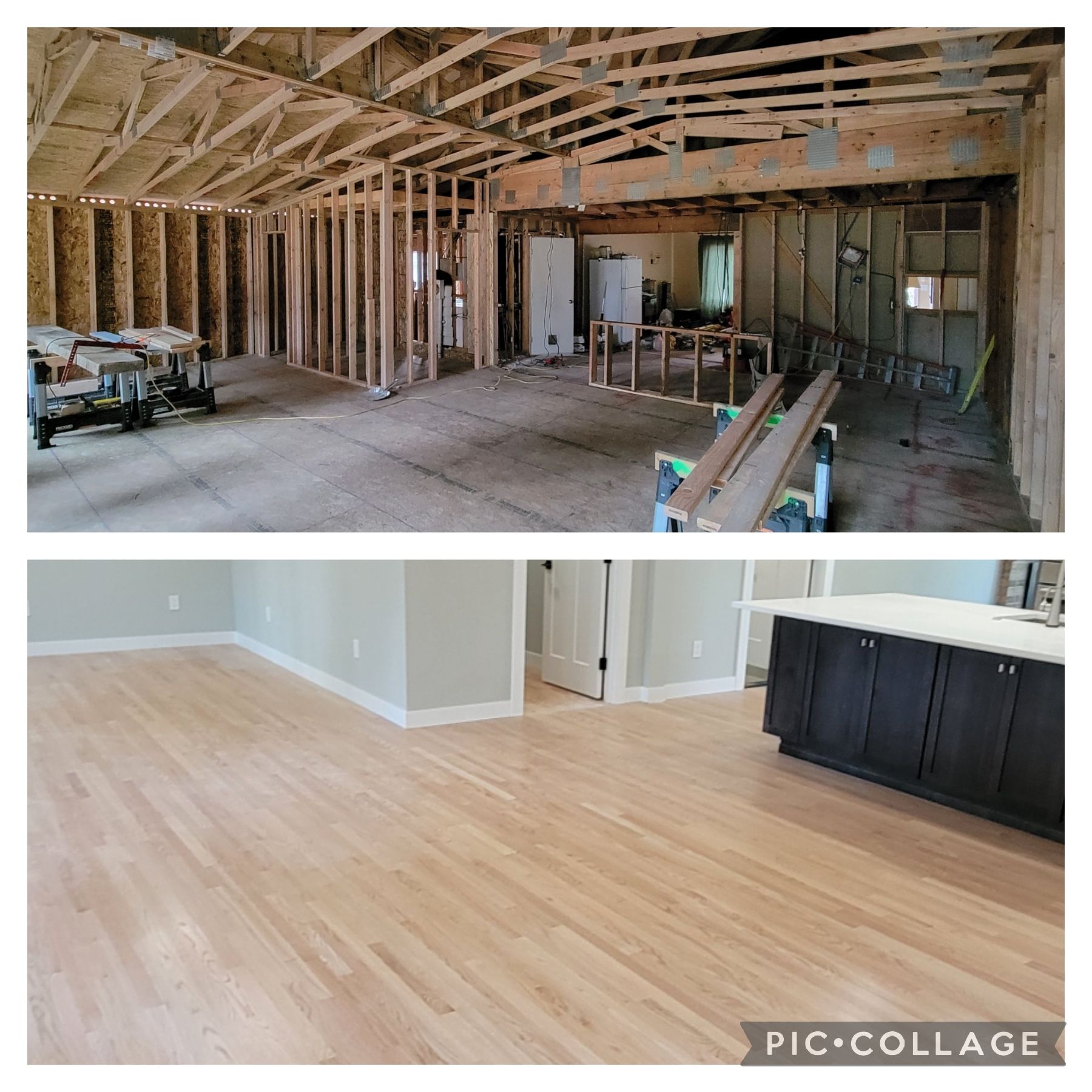 A split-view showing a home renovation: the top frame shows exposed wall studs and rafters, the bottom shows the finished room.