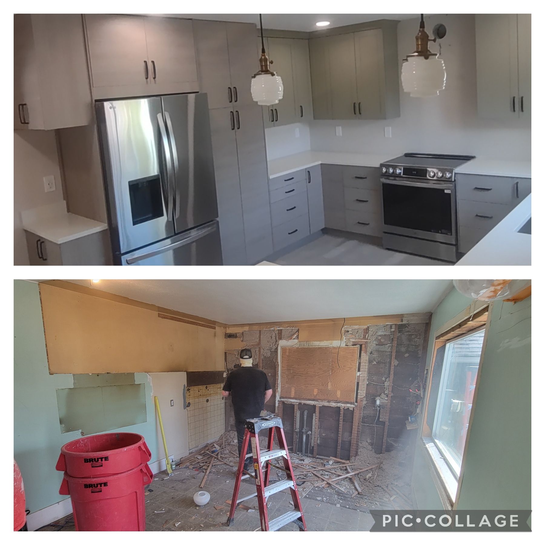 Before and after shots of a kitchen remodel, showing the construction phase and the finished modern, grey-toned kitchen.