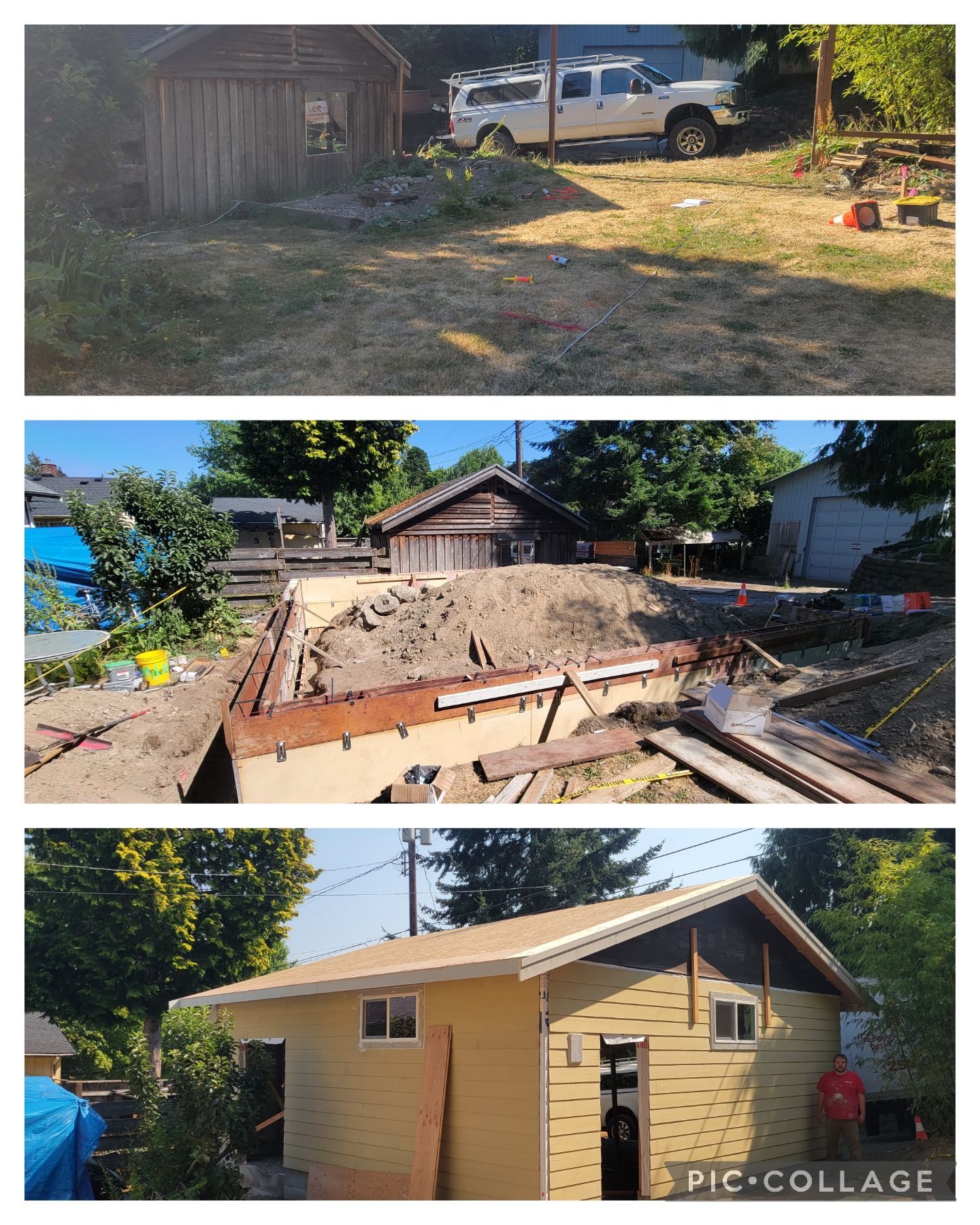 Three-part collage showing a backyard structure being demolished, foundation laid, and a new garage built.