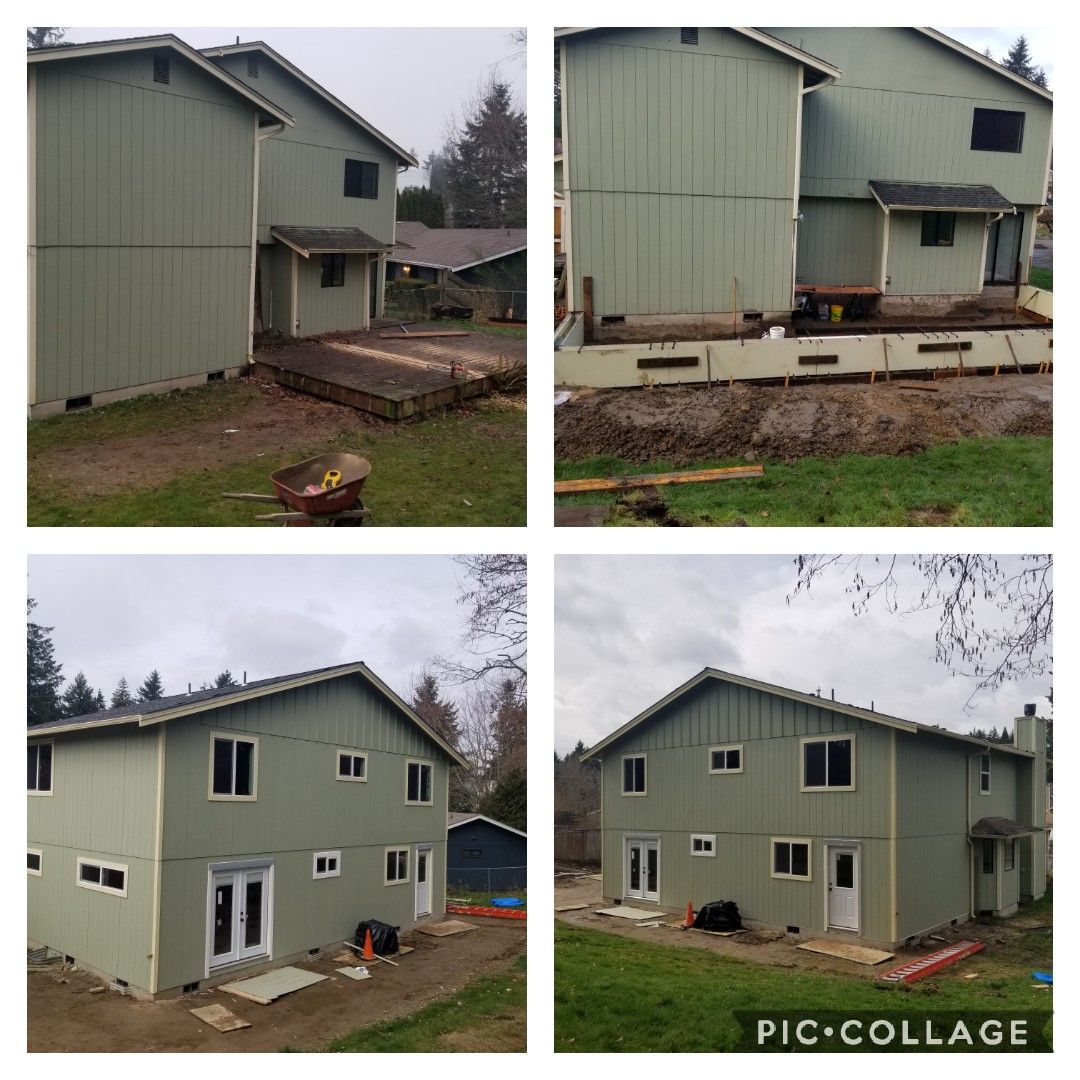 A collage of four photos showing the construction of a deck and new patio doors on the back of a light green house.