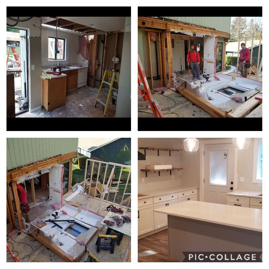 A four-panel collage showing a kitchen renovation process, from framing and structural work to the finished space.