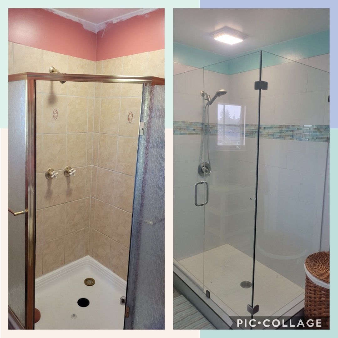 Before and after photos of a bathroom shower renovation featuring new glass doors, light-colored tile, and updated fixtures.