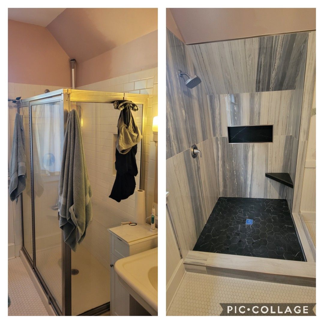 Before and after photo of a bathroom shower renovation featuring a transition from a framed stall to custom tile work.